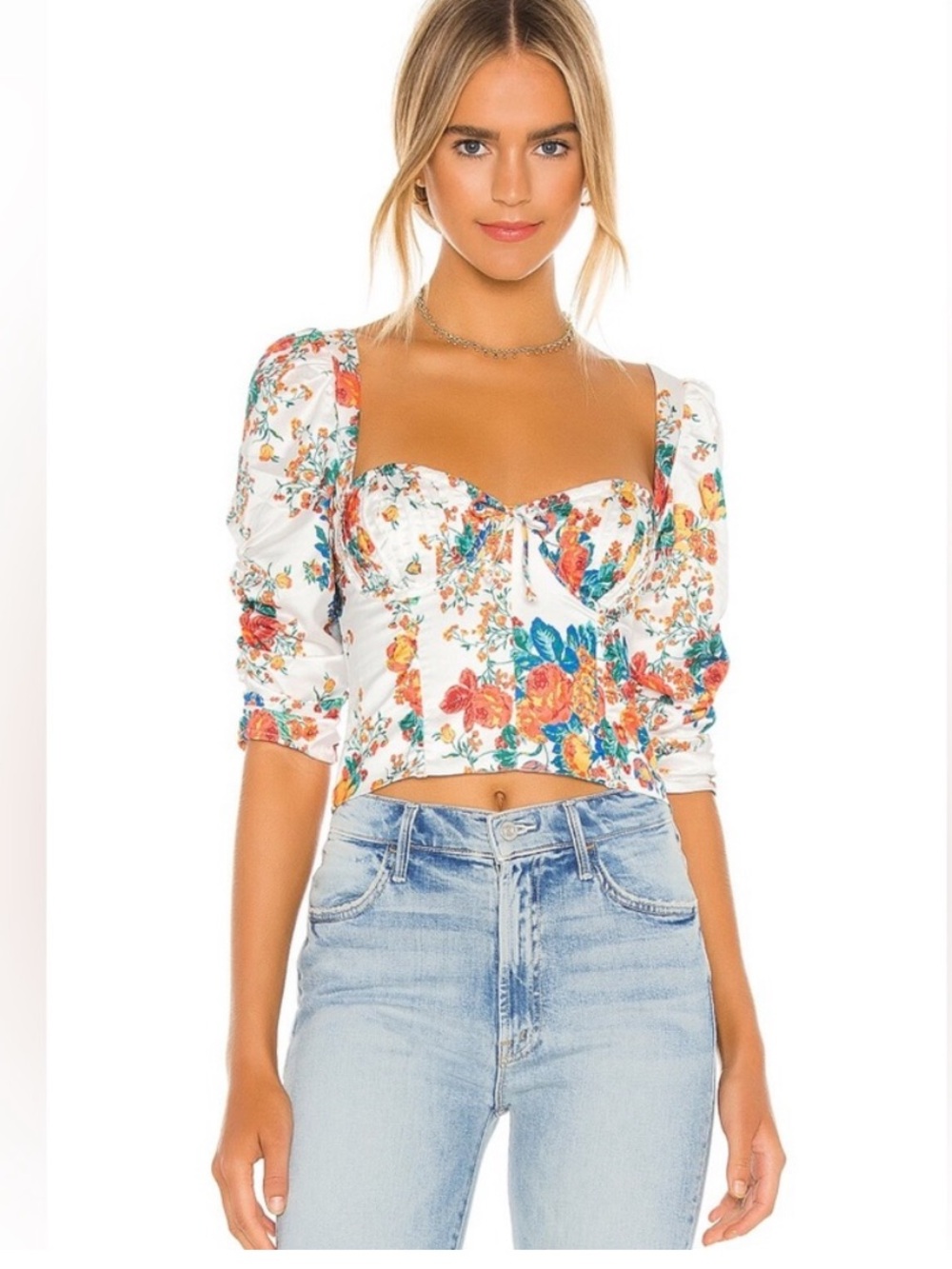 For Love & Lemons Brandy Puff-Sleeve Cropped floral Top blouse, size S